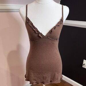 y2k abercrombie & fitch brown ruffle trim v neck tank medium